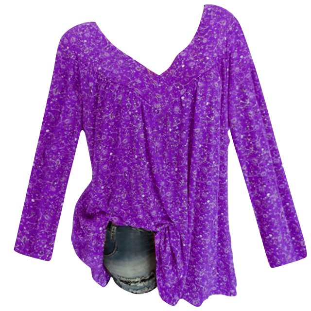 Pompotops Blouse à Manches Longues Col en V Imprimée pour Femmes Grande Taille Chandail Tops Chemise Liquidation