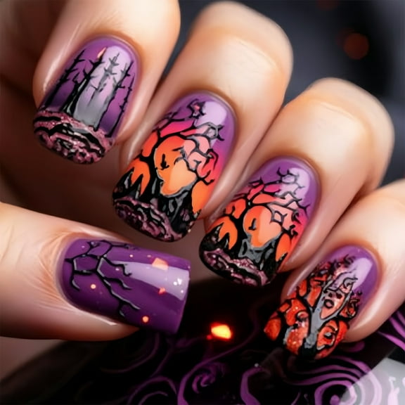 Halloween False Nails Mysterious Design M Length Square Shape Fake Nails For Party And Daily Use