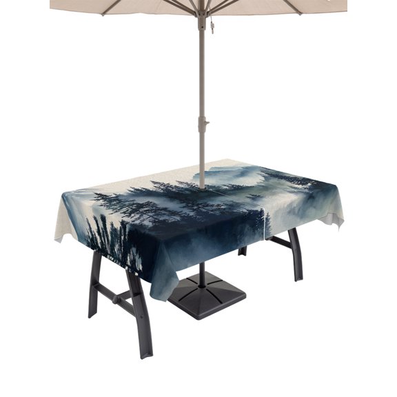 Outdoor Tablecloth with Umbrella Hole for Patio/Picnic/Party/Camping, Blue Black Foggy Forest Waterproof Table Cloth Rectangle Table Cover Washable, Abstract Art Mountain (60"x 84")