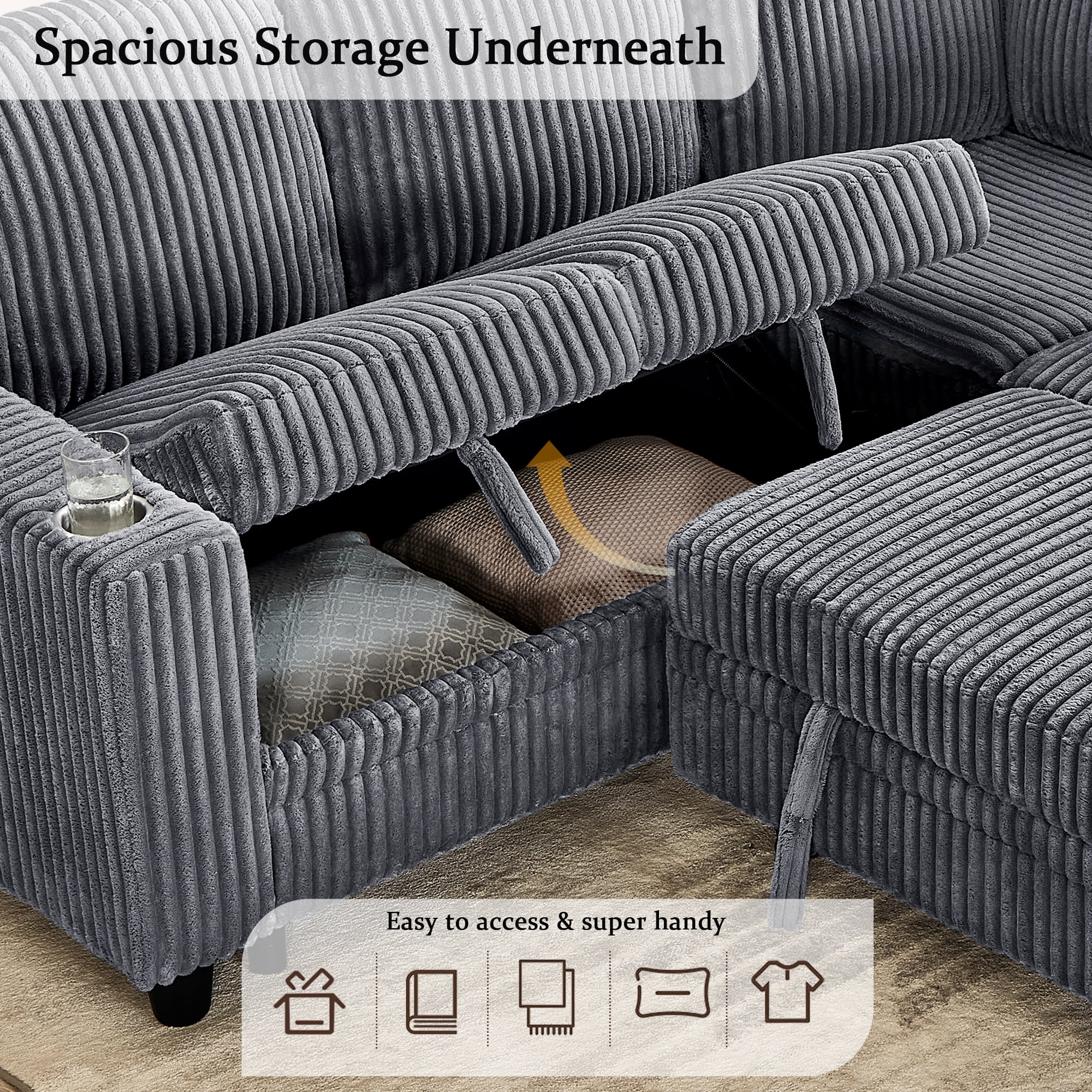 Convertible L-Shaped Sectional Sofa Set w/ Pull-Out & Storage Seat, 5-Seat Corduroy Sleeper Bed Couch w/ Charging & Cup Holder Design