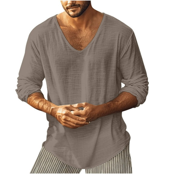 Mens Cotton Linen Basic Tops, Long Sleeve Shirts for Men Fall Casual Loose Fit Solid Color V Neck T-Shirts