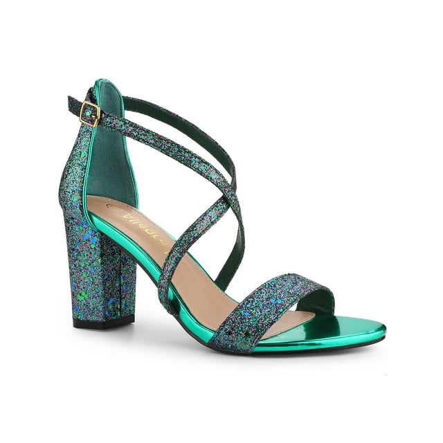 BLISSFUL STEP Sandales à Talon Bloc pour Femmes à Paillettes à Brides Croisées Vert 11