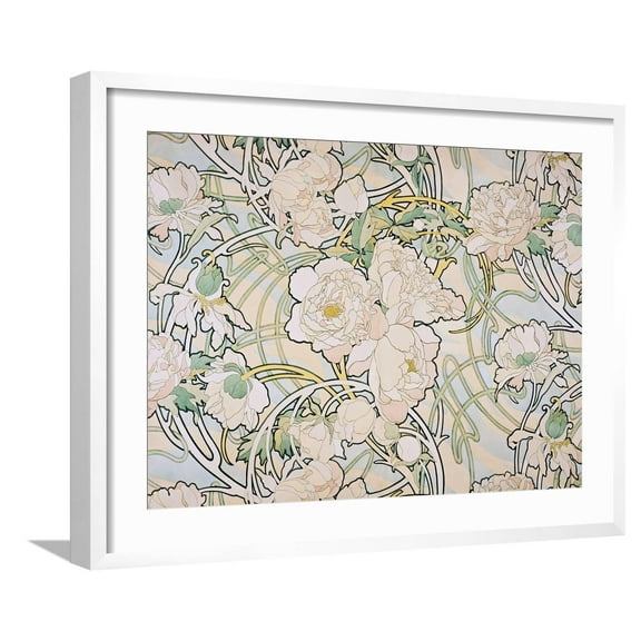 Art.com Peonies, 1897 Giclee Print by Alphonse Mucha, White Frame Wall Art, 29" x 23"