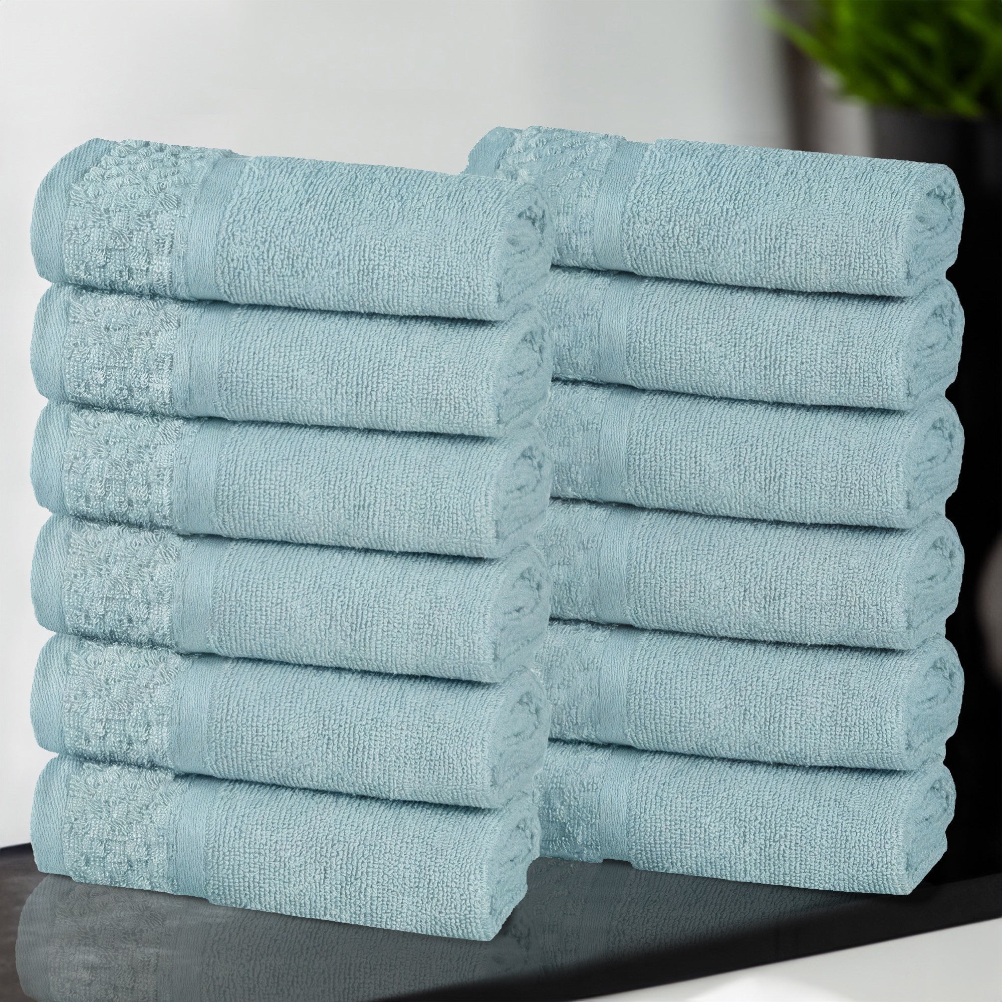 Superior Modern Cotton 12 Piece Washcloth and Face Towel Set Solid, Cyan