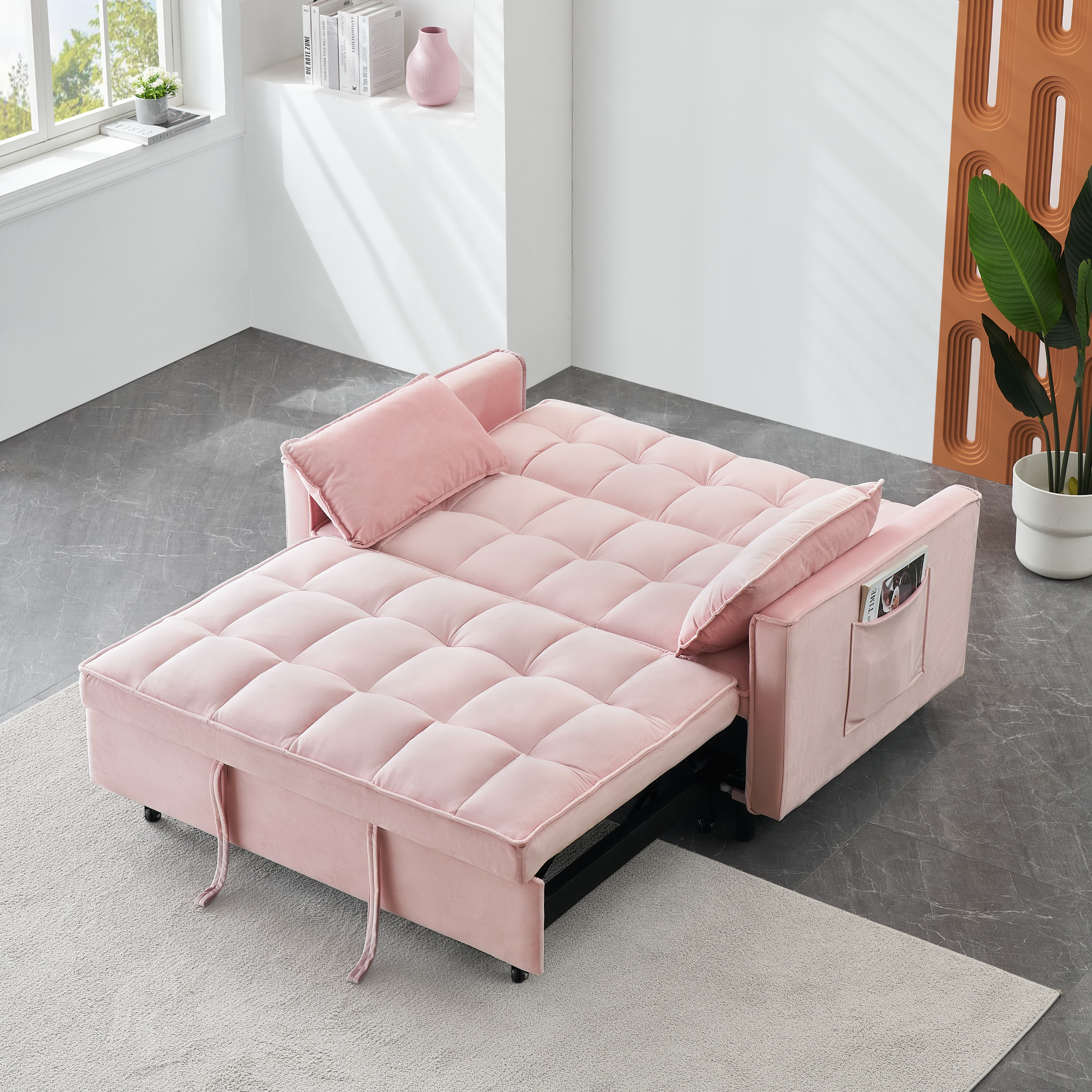 MAYEERTY 3 In 1 Convertible Sleep Sofa Bed, Pull Out Velvet Sleeper Sofa Small Loveseat, for Apartment, Living Room, Small Space, Pink