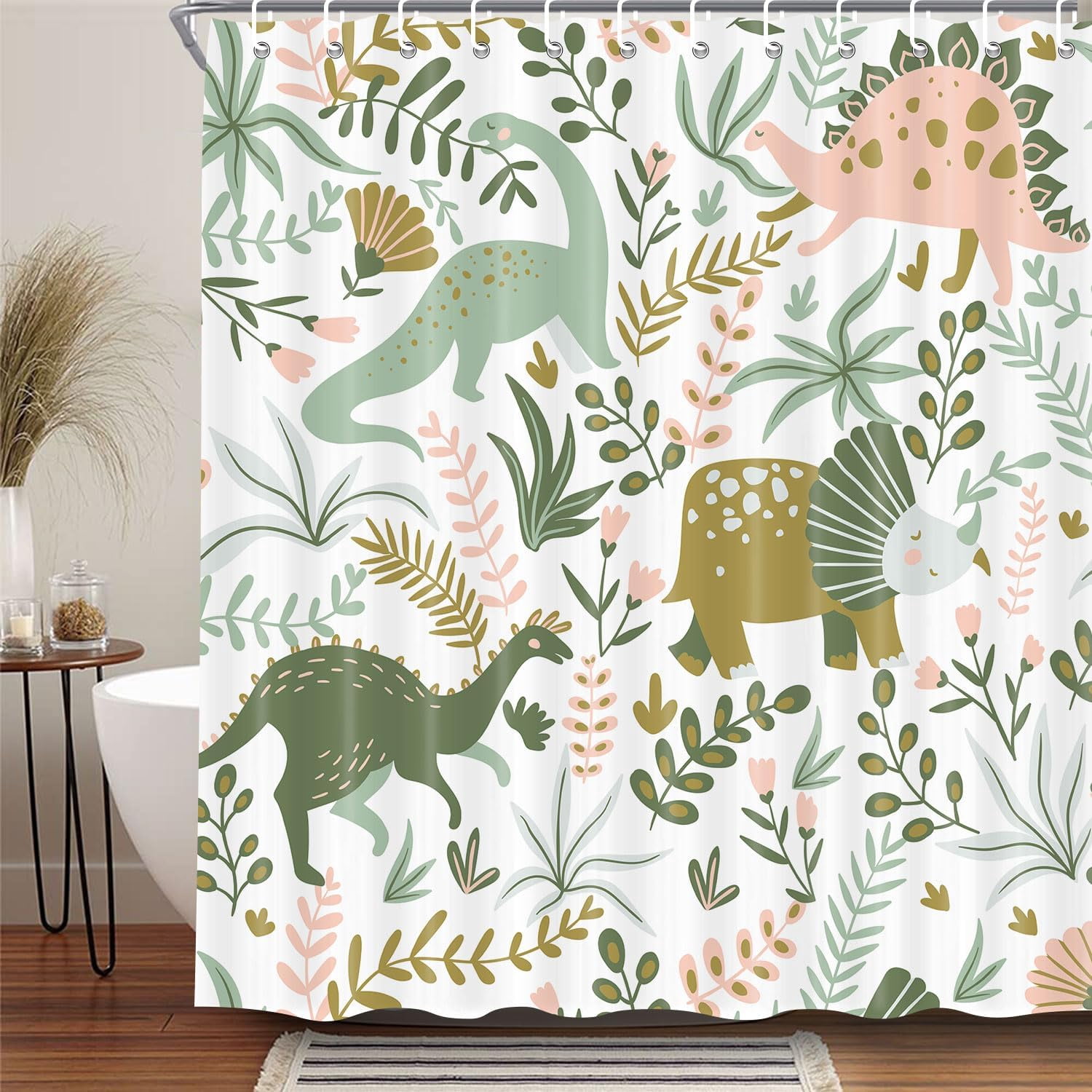 Kids Shower Curtains,Funny Dinosaur Shower Curtains, Cute Dinosaur for Boys Girls, Green Plant Leaf Flowers Colorful Bathroom Decor with Hooks Waterproof Fabric Polyester Bathtub Decorative