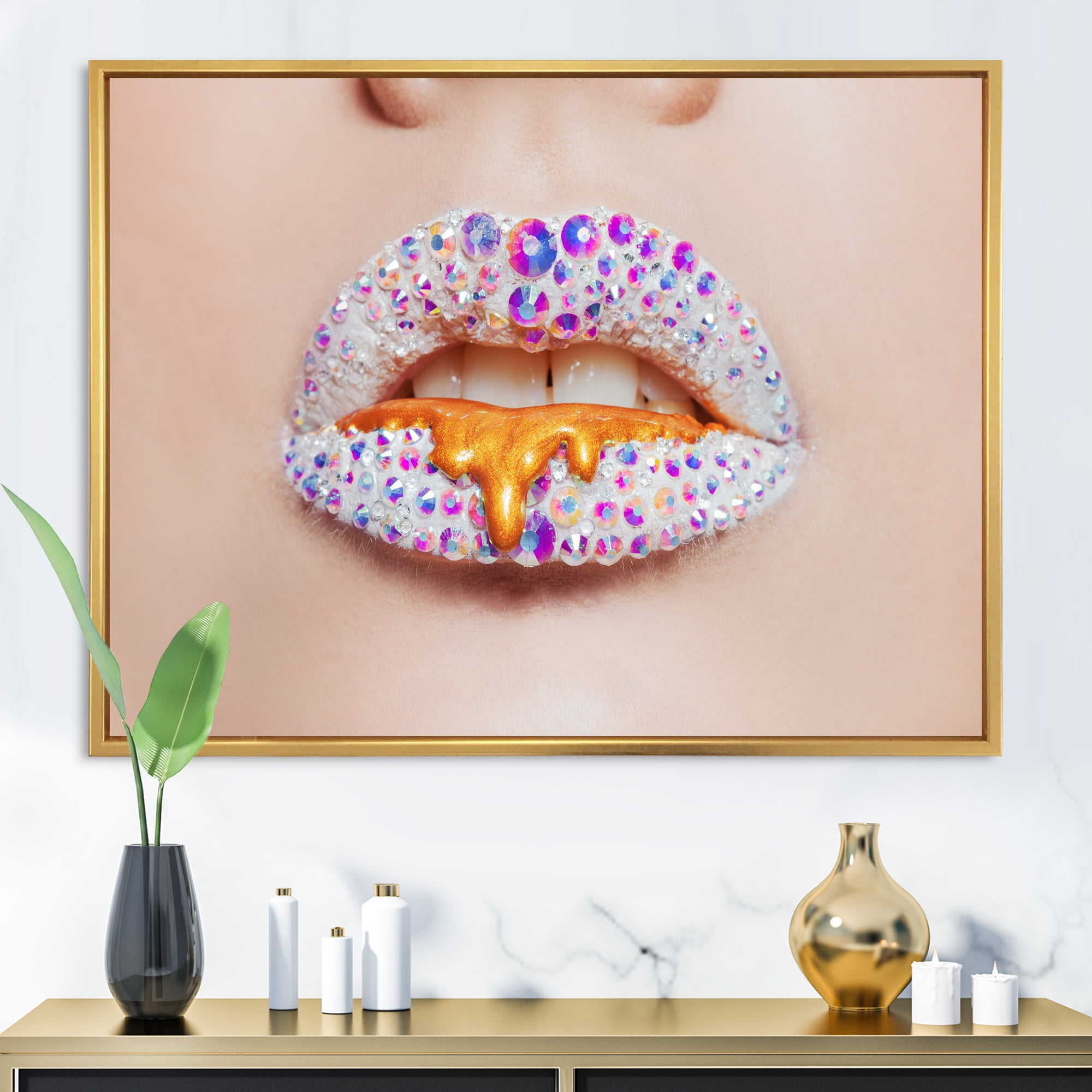 Designart 'Shining Woman Lips Covered With Rhinestones and Smudges' Modern Framed Canvas Wall Art Print