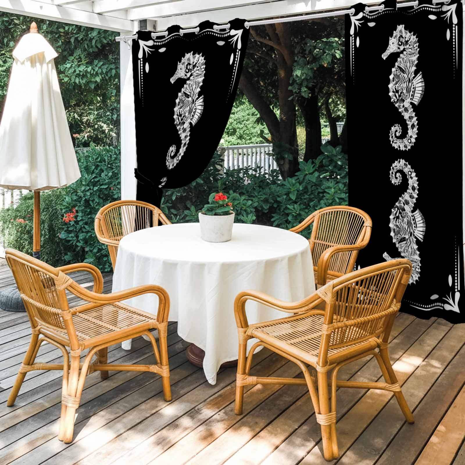 White Seahorse Outdoor Curtains for Patio, Retro Marine Life Black Background Sunshade Privacy Drapes Grommet Waterproof Outside Curtains for Porch/Cabana/Balcony 54"x 108", 1 Panel