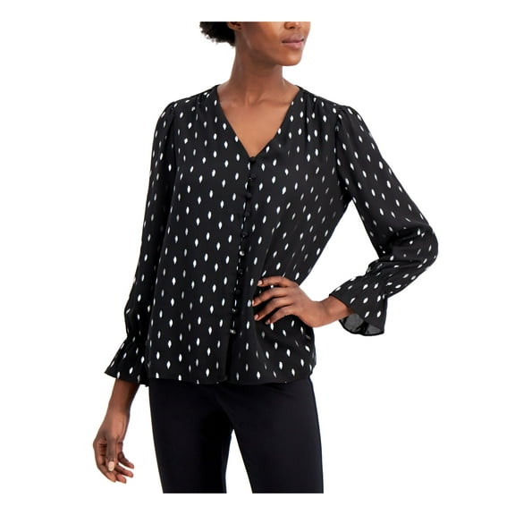 ALFANI Womens Black Printed Bell Sleeve V Neck Button Up Top Size: S