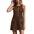thumbnail image 2 of Wovilon Women's Round Neck Sleeveless A-Line Mini Dress, Button Front Contrast Trim Pocket Shift Top, Relaxed Lightweight Breathable Cotton Linen Blend Solid, 2 of 7