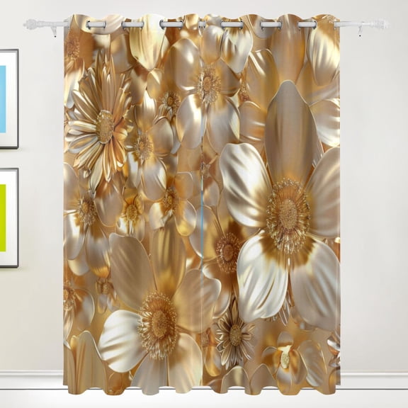 3d Gold Flowers Black Out Curtains 72 Inch Length Curtains for Sliding Glass Doors Bedroom Living Room 2 Pack