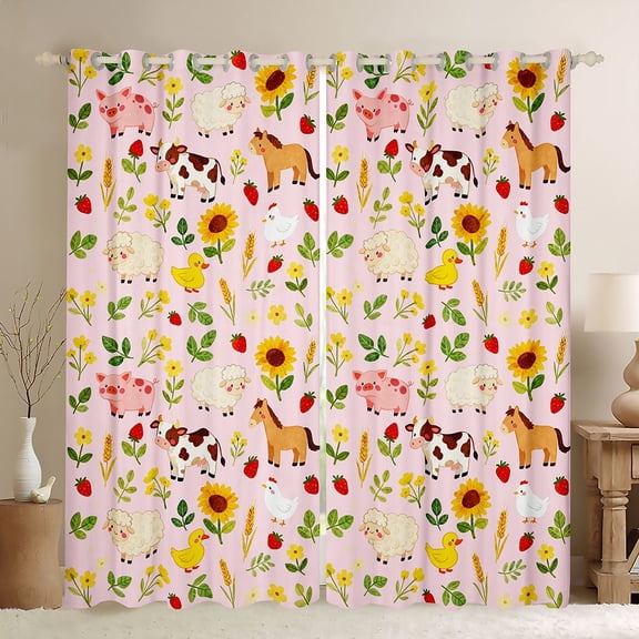 Feelyou Cartoon Pig Cow Black Out Curtains, Farm Animal Curtains Pack of 2 (42x63 Each)