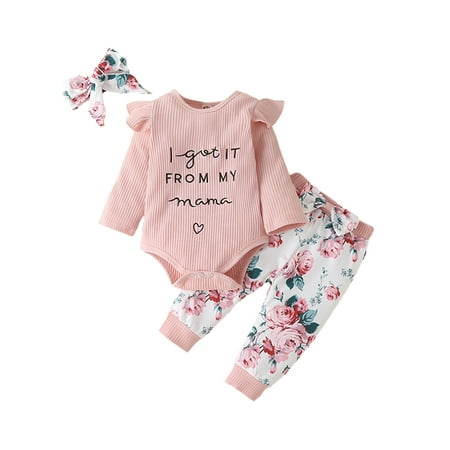 

Beiwei Toddler Loose Crew Neck Romper Sets Floral Print Cute Fall Outfits Newborn Letters Printed Party Bodysuit + Pants