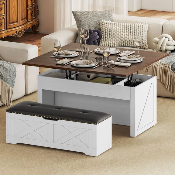 Uforic Wood Lift Top Coffee Table with Rolling Ottoman Storage Bench, White