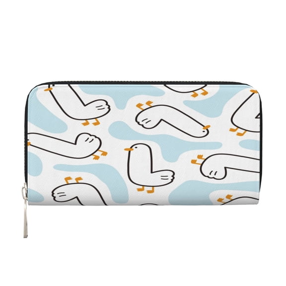 Leather Zipper Pocket Hand Wallet For Women And Men Travel Leather Purse Large Capacity Credit Card Holder Funny Duck River On