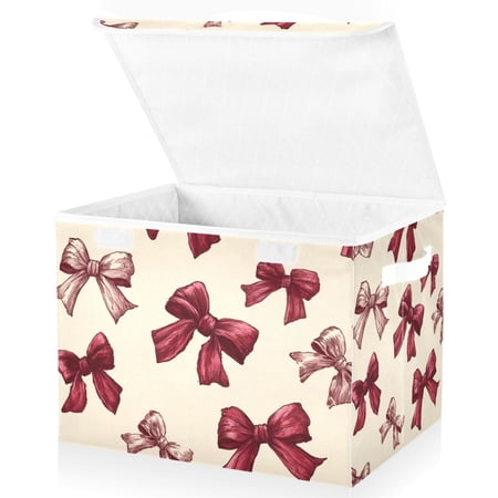 Foldable Fabric Storage Bin With Handle Collapsible Basket Box Storage With Lid Organizer Red Bows