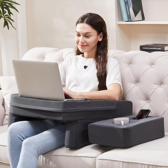 Lap Desk Pillow for Laptop, Large Reading Pillow for Adult, Arm Rest Pillow with Cup Holder, Memory Foam Bed Desk for Working, Gaming, Reading, Laptop Desk for Couch Bed Floor