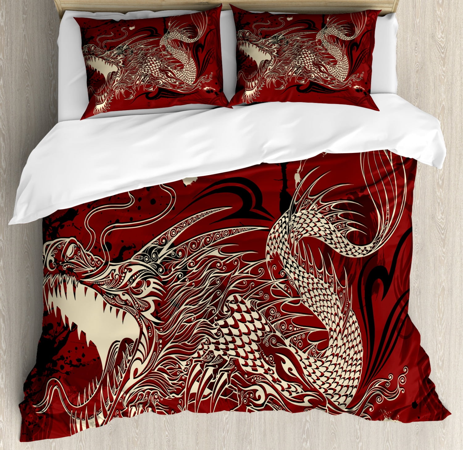 Dragon Duvet Cover Set, Angry Dragon Doodle on Grunge Background Japanese Mythology Eastern