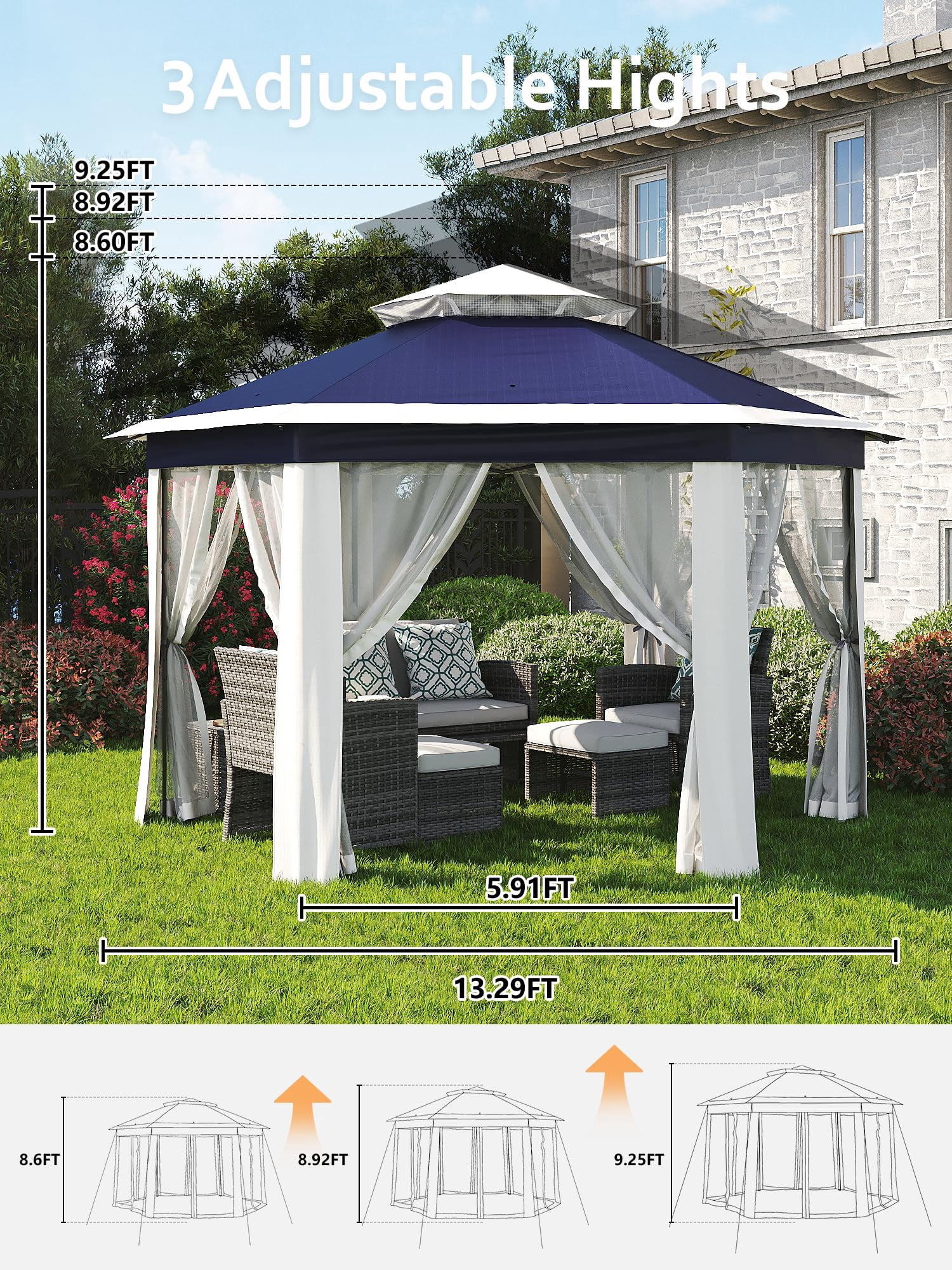 Luku 13'x13' Pop-Up Gazebo, Outdoor Hexagonal Patio Gazebo with Mosquito Netting, Instant Setup Canopy Tent with Strong Steel Frame and Sandbags, for Backyard, Gardens, Patio