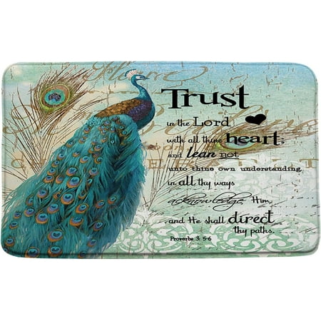 

Peacock Inspirational Quote Bath Mat Retro Teal Peacock Feather Wild Animal Motivational Word Elegant Bathroom Kitchen Rugs 17.8x29.5+16x48 Inch