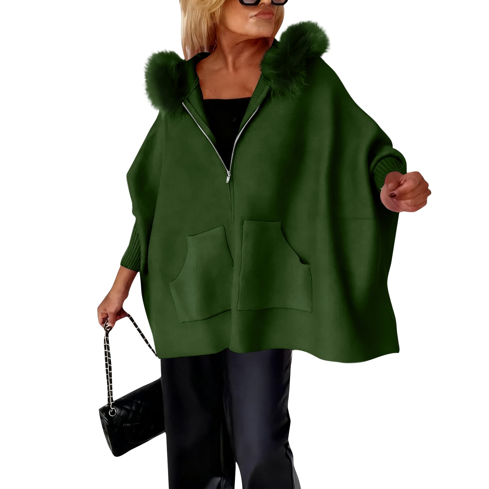 Women's Full Zip Up Hoodie Long Sleeve with Faux Fur Hooded Sweatshirts Front Pockets Jacket Loose Fit Coat for Women Army Green XL