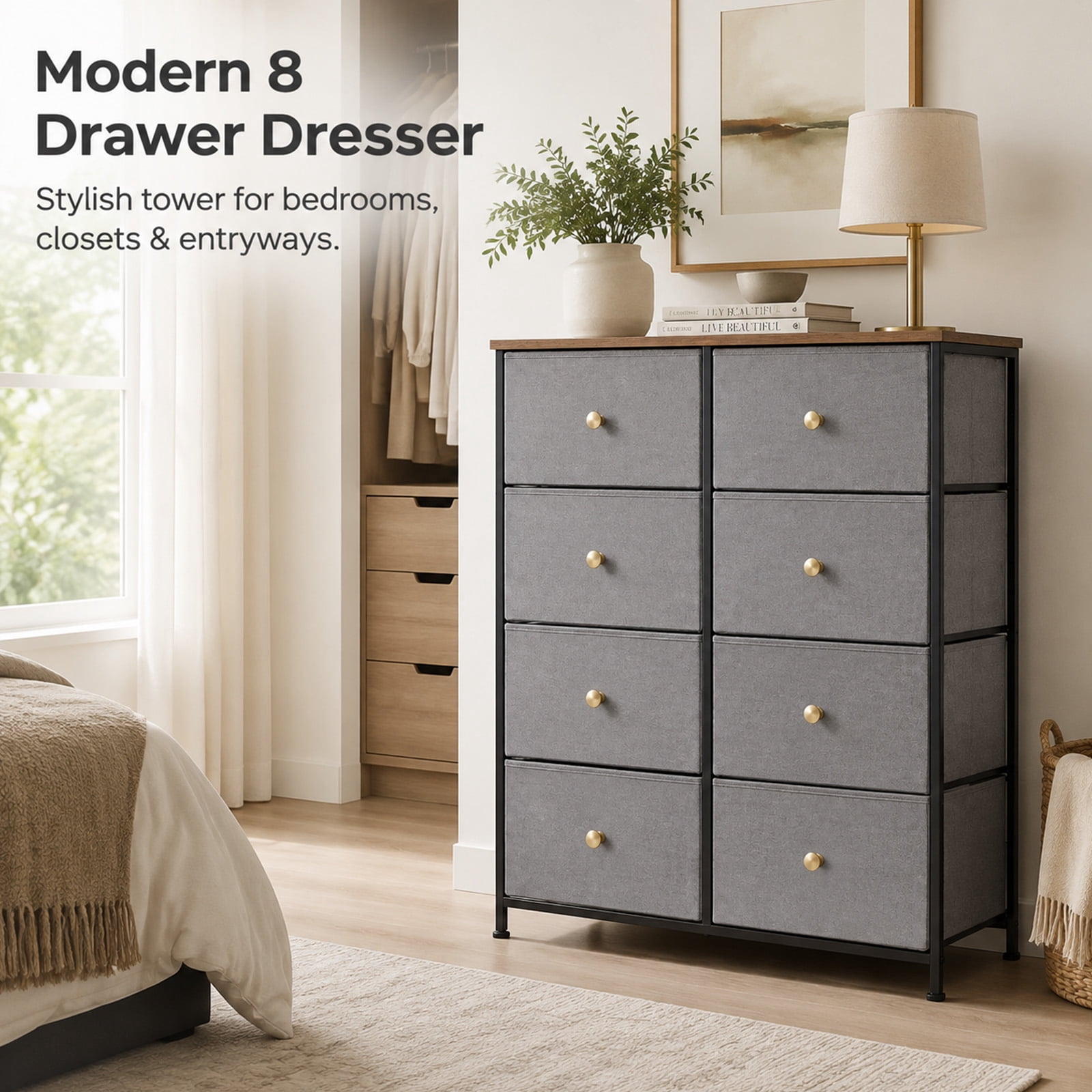 Alvantor 8/9 Drawer Fabric Dresser, Storage Tower for Bedroom and Closet, Chest of Drawers with Sturdy Steel Frame & Wooden Top for Living Room, Entryway