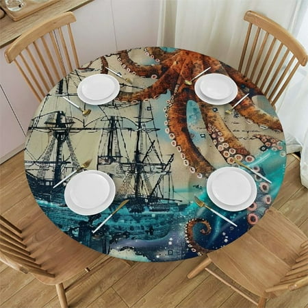 

Orinice Octopus Ship Ocean Round Table Cover Stain Resistant Washable Indoor Outdoor Tablecloth Kitchen Dining Wedding Parties Picnic Farmhouse 100% Polyester Fiber 42-46