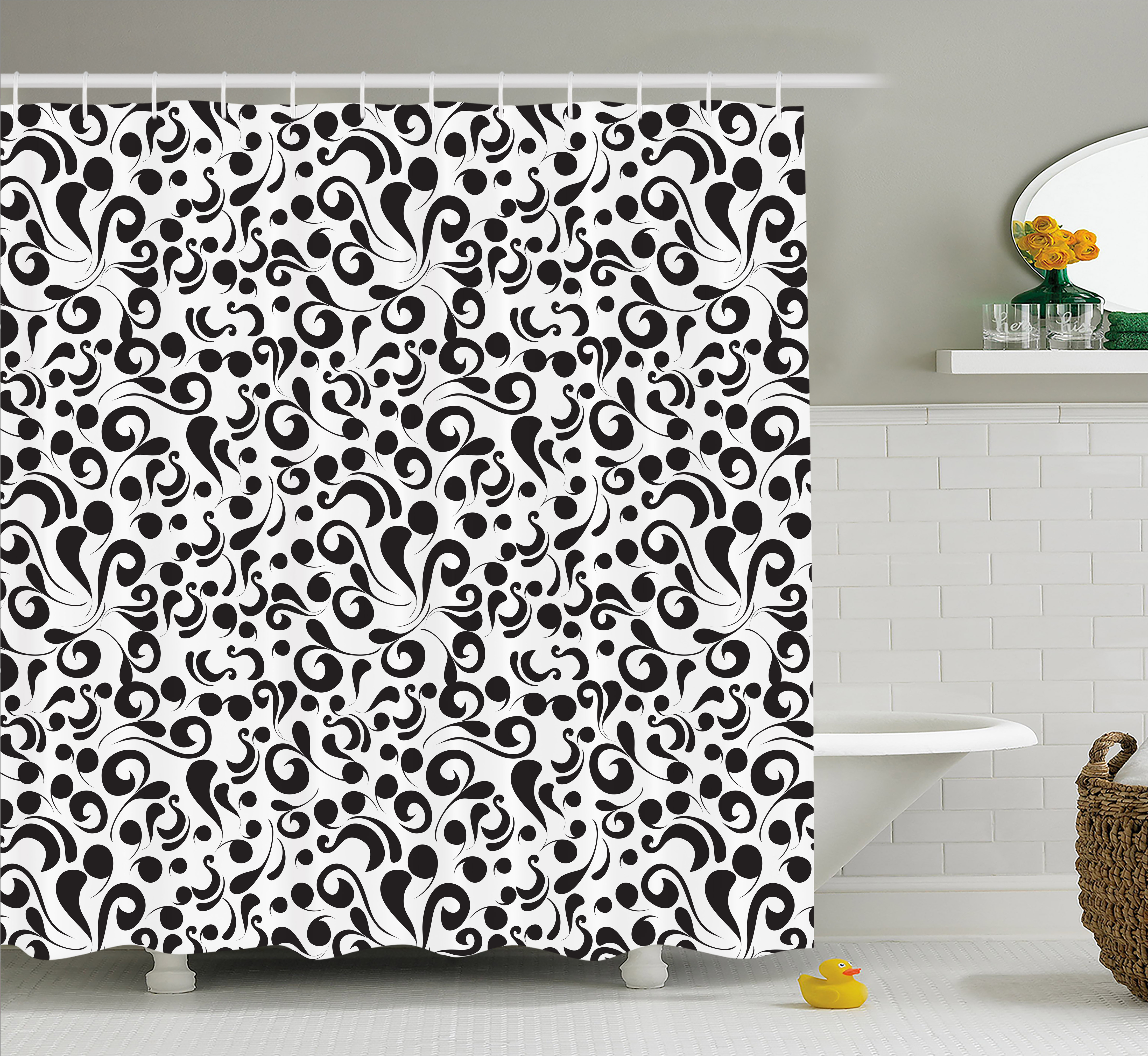 Black and White Shower Curtain, Curly Lines and Swirls Nature