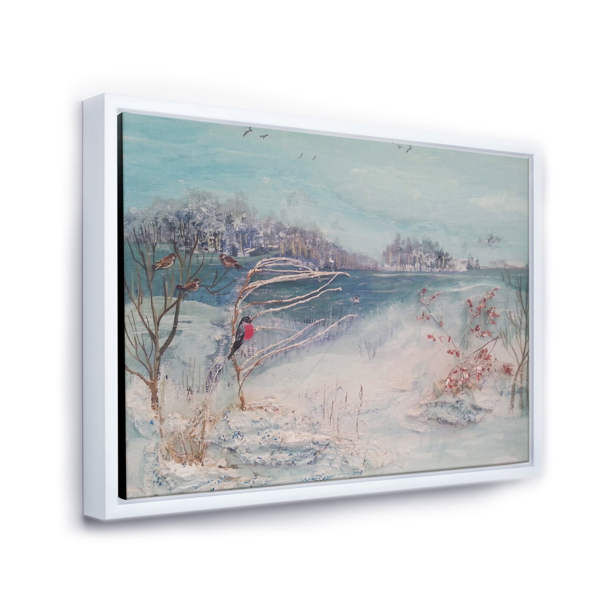 Designart 'Birds and Winter Trees By River' Lake House Framed Canvas Wall Art Print