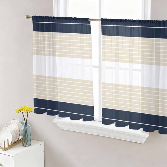 Sheer Curtains 54 Inch Length 2 Panels Set for Kitchen, Navy Beige Striped Semi Sheer Curtains for Windows, Gradient Geometric Blue White Voile Window Treatments Rod Pocket Curtain