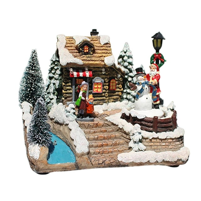 Casa de nieve navideña Decoraciones de granja Vacaciones Ciudad de vacaciones de resina con luces para fiesta Festival Chimenea Hogar mayimx Casa de miniaturas