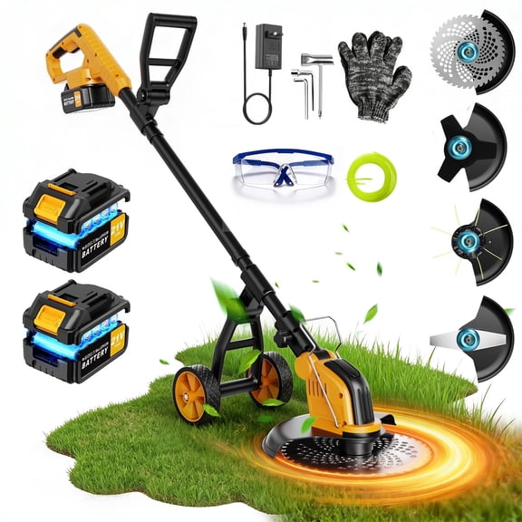 Lemolifys 12-inch Electric Weed Wacker, 20000 RPM Brushless Cordless String Trimmer with 2Pcs 3000mAh Battery, 5 Blades, Wheels & Adjustable Length, 4-in-1 Weed Eater for Yard Garden, W2-1