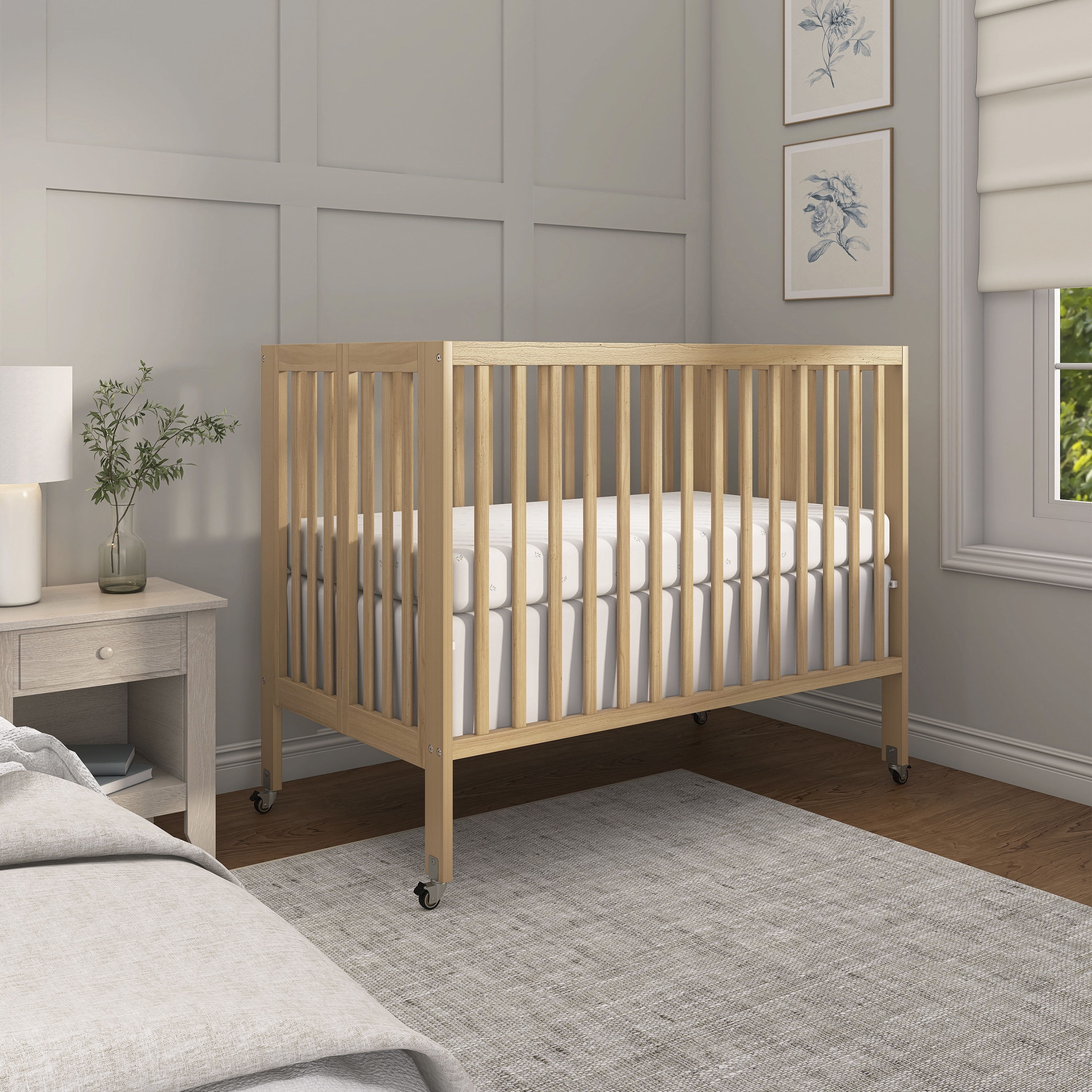 Dream On Me Quinn Full-Size Folding Crib, Removable Wheels, Modern Nursey, Adjustable Mattress Support, Patent Folding System in Natural