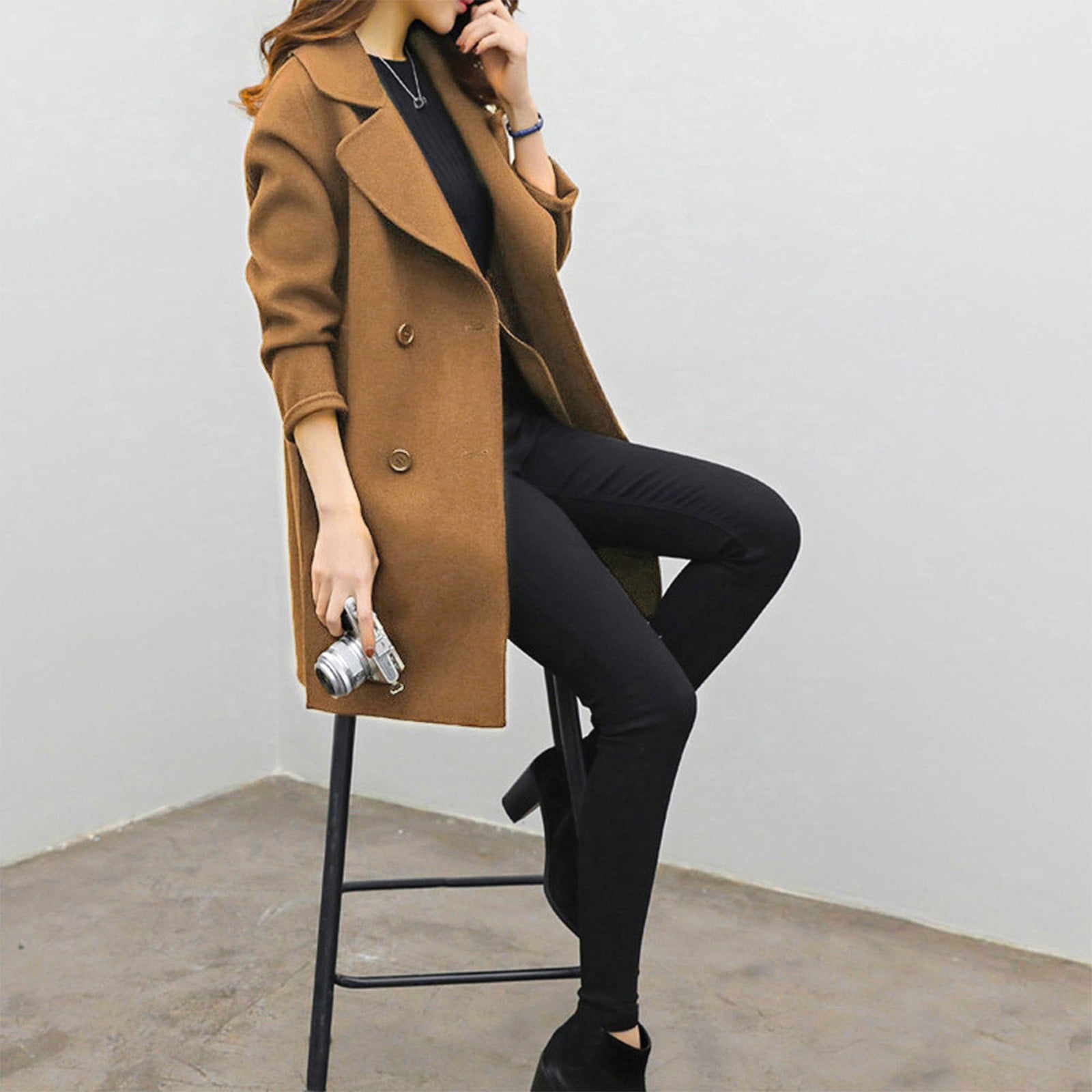 Meichang Womens Pea Coats 2023 Trendy Elegant Notched Collar Double Breasted Wool Blend Over Coats Dressy Cozy Long Sleeve Mid Long Trench Coats Black