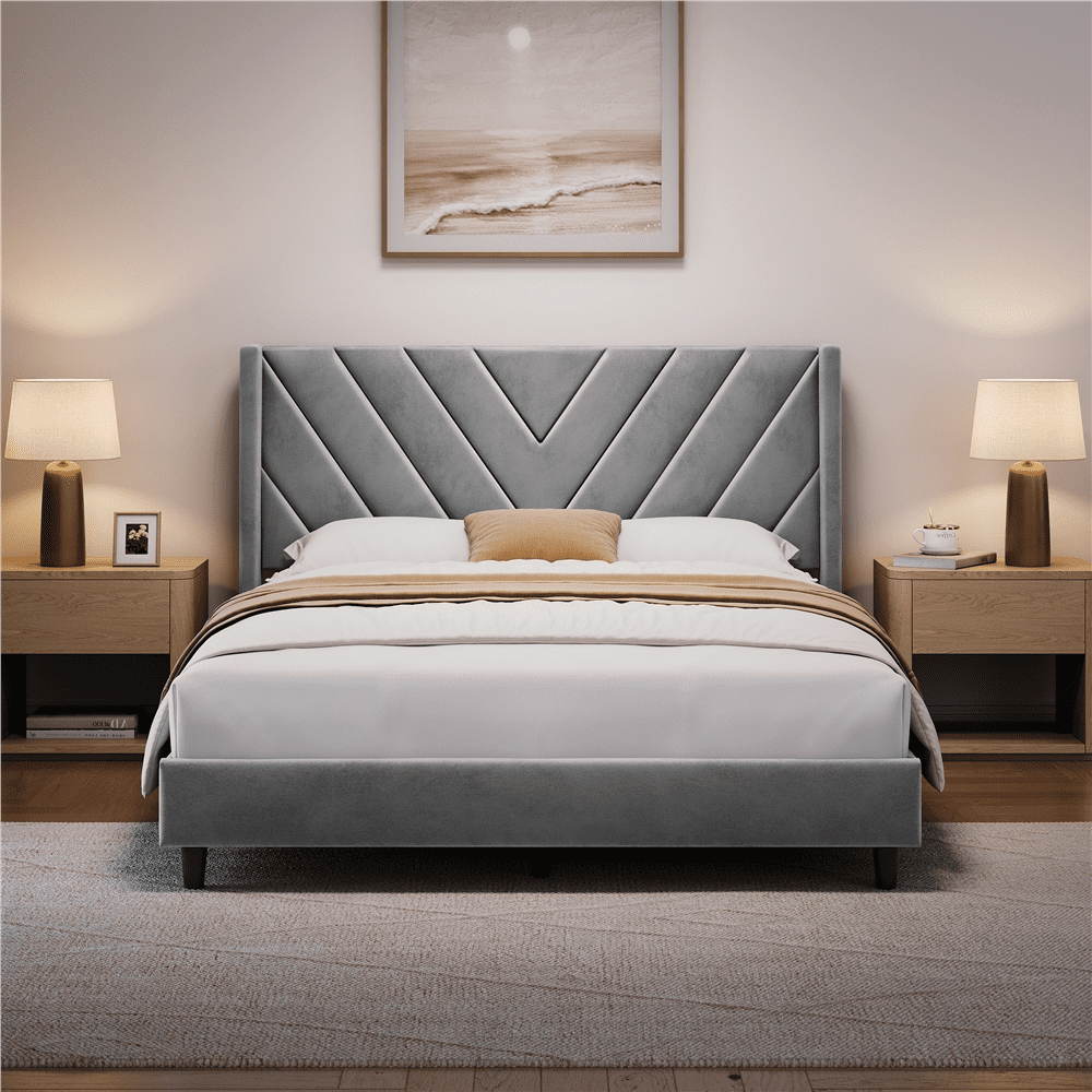 Yaheetech Queen Size Upholstered Platform Bed Frame, Wooden Slat Support, Light Gray