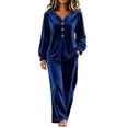 thumbnail image 2 of BRELIL Women Velvet V Neck Long Sleeve Pullover Tops Wide Leg Pants Two Piece Lounge Matching Set Casual Loose Solid Vacation Travel Outfits, Blue L, 2 of 7