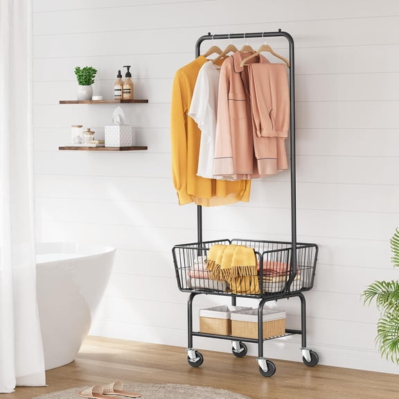 Laundry Cart with Hanging Rack, Metal Laundry Basket with Wheels, Laundry Hamper with Storage Basket and Shelf, Rolling Laundry Cart with Wheels, Black