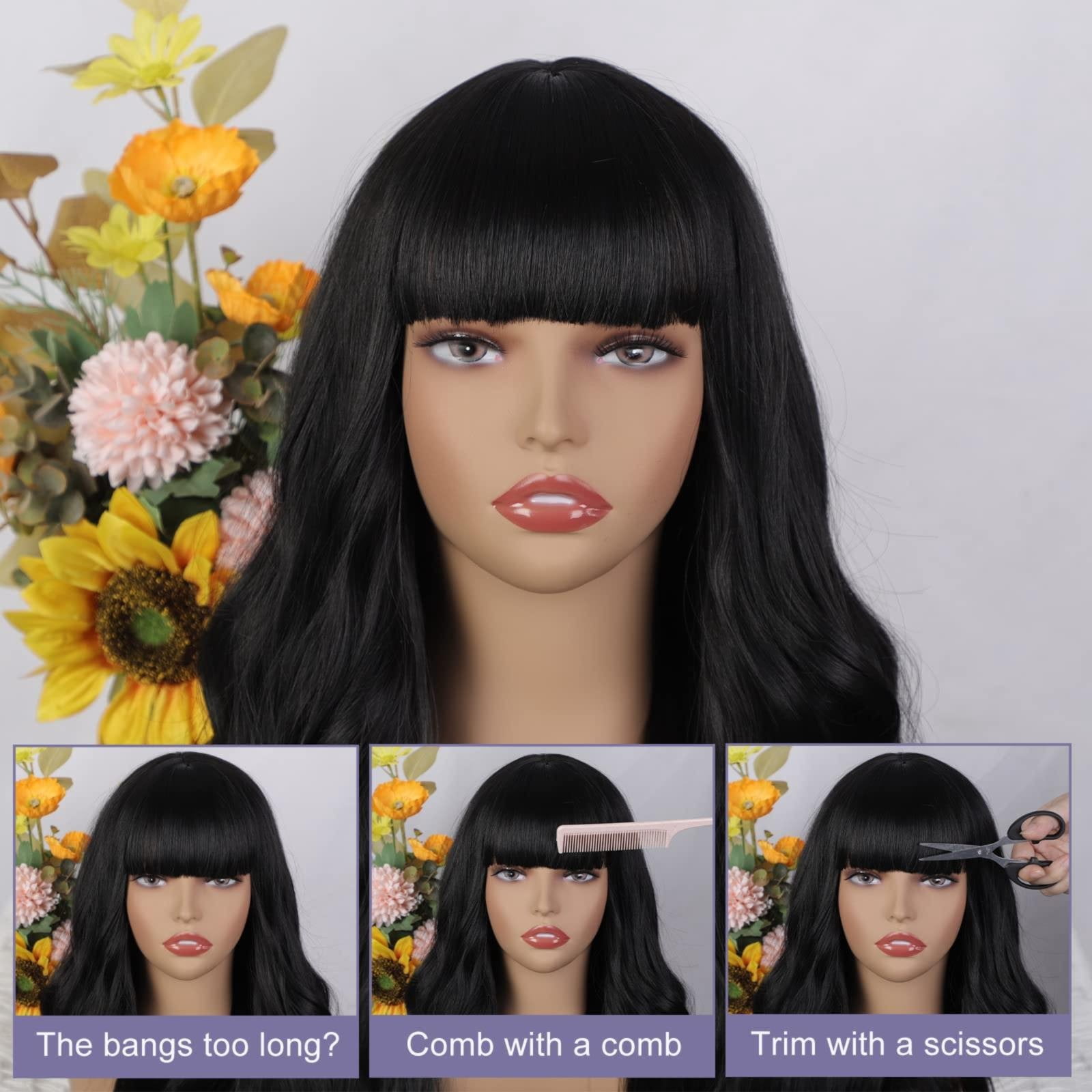 WEIWEIGG Gradient Black Long Wavy Curly Wig with Bangs - 26 Inch, Dark Roots Wig for Women, Heat Resistant Synthetic Hair, Breathable, Lightweight, Natural Looking Adjustable Cap for Daily Wear