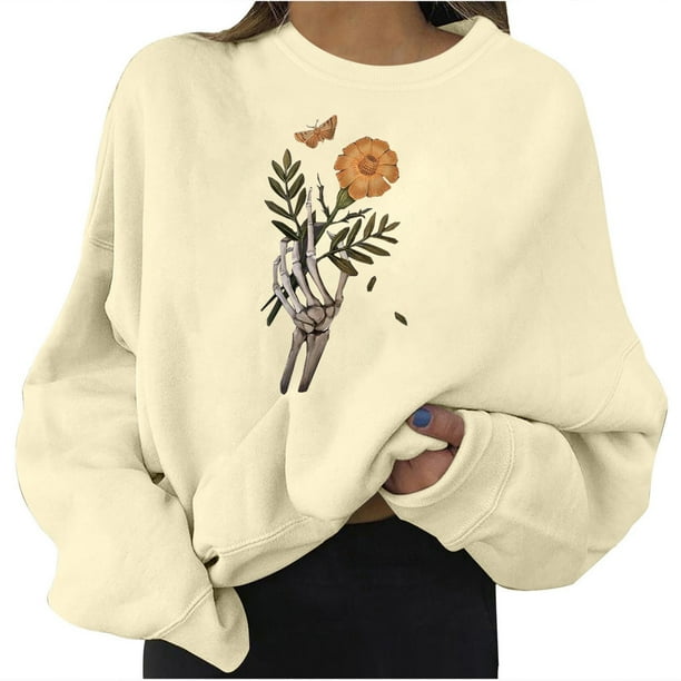 Mujeres moda casual estampado cuello redondo suelta manga larga blusa corta sudaderas sin capucha Fridja fjkfkj2927