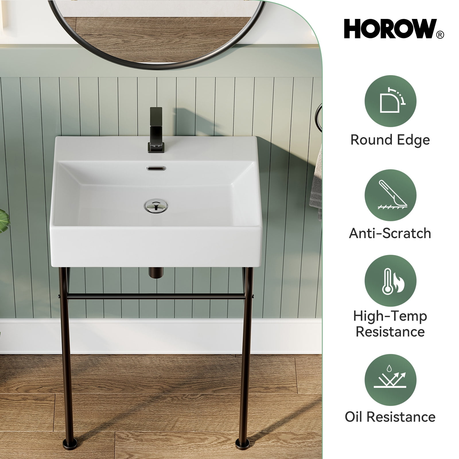 HOROW 24" Rectangular Console Bathroom Sink with Matte Black Stainless Steel Pedestal Legs