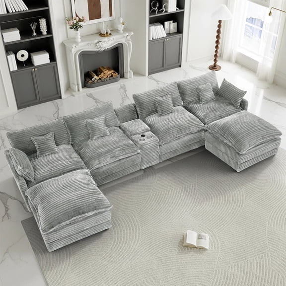 Aisword 145" U Shaped Cloud Couch Sectional with USB Charging, Hidden Storage, Cup Holders & Chenille Double Chaise, Light Grey