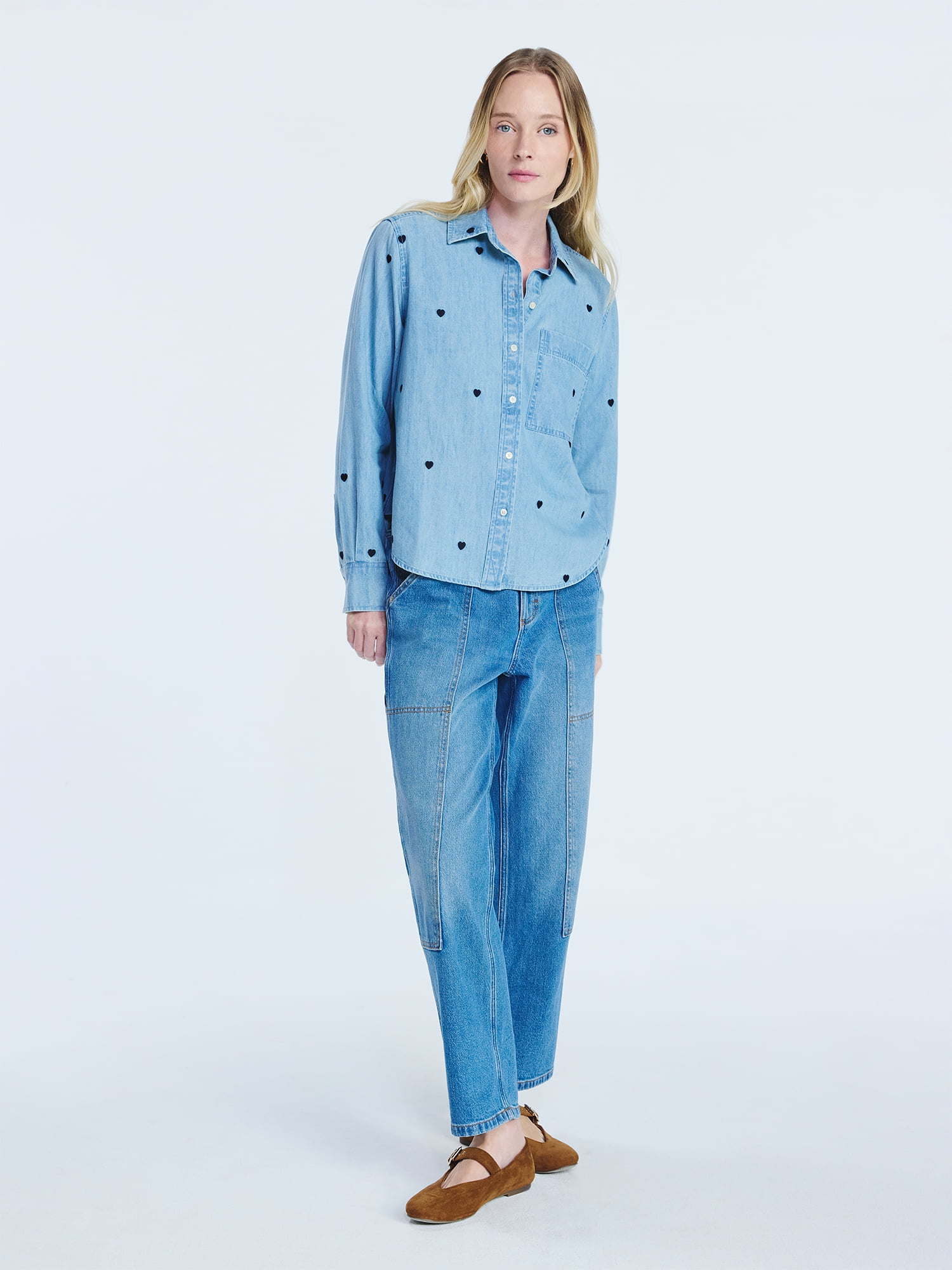 Free Assembly Women's and Women’s Plus Embroidered Hearts Denim Shirt with Long Sleeves, Sizes XS-4X