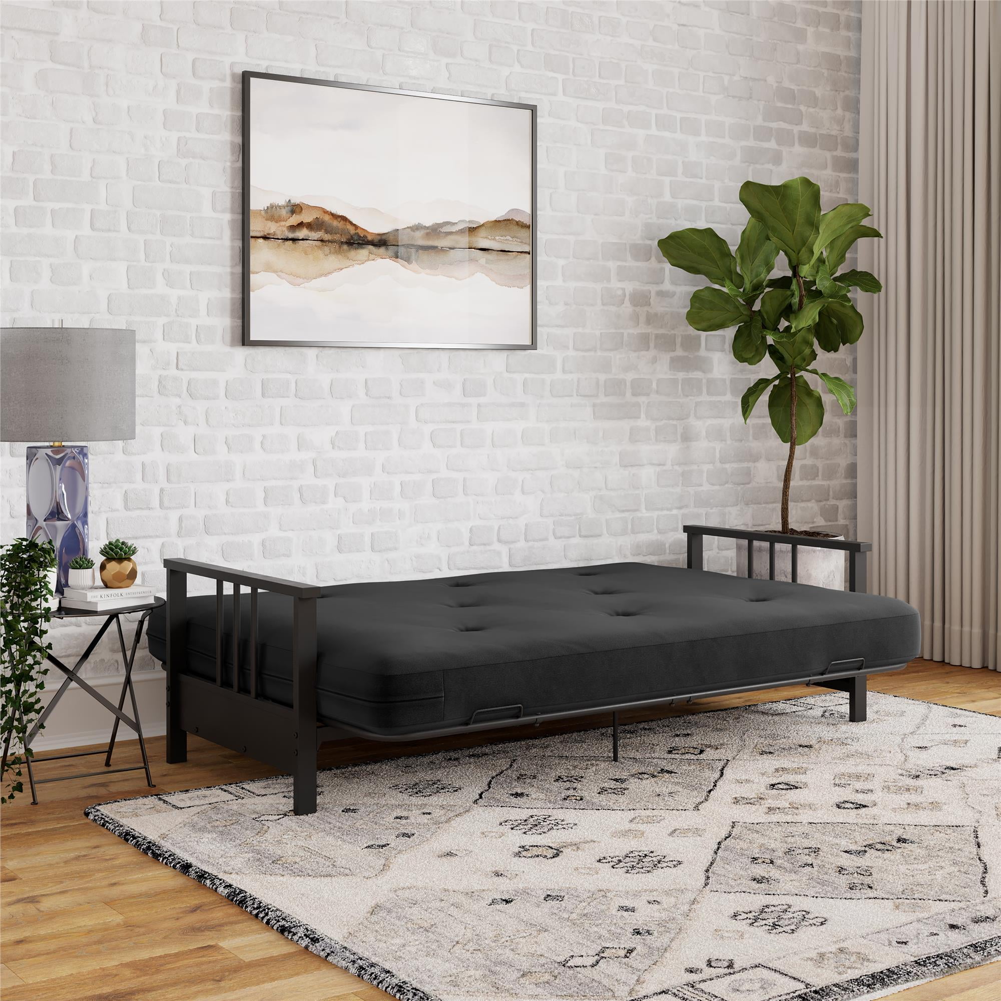 DHP Harlow Full Metal Arm Futon with 6-Inch Thermobonded High Density Polyester Fill Black Microfiber Mattress