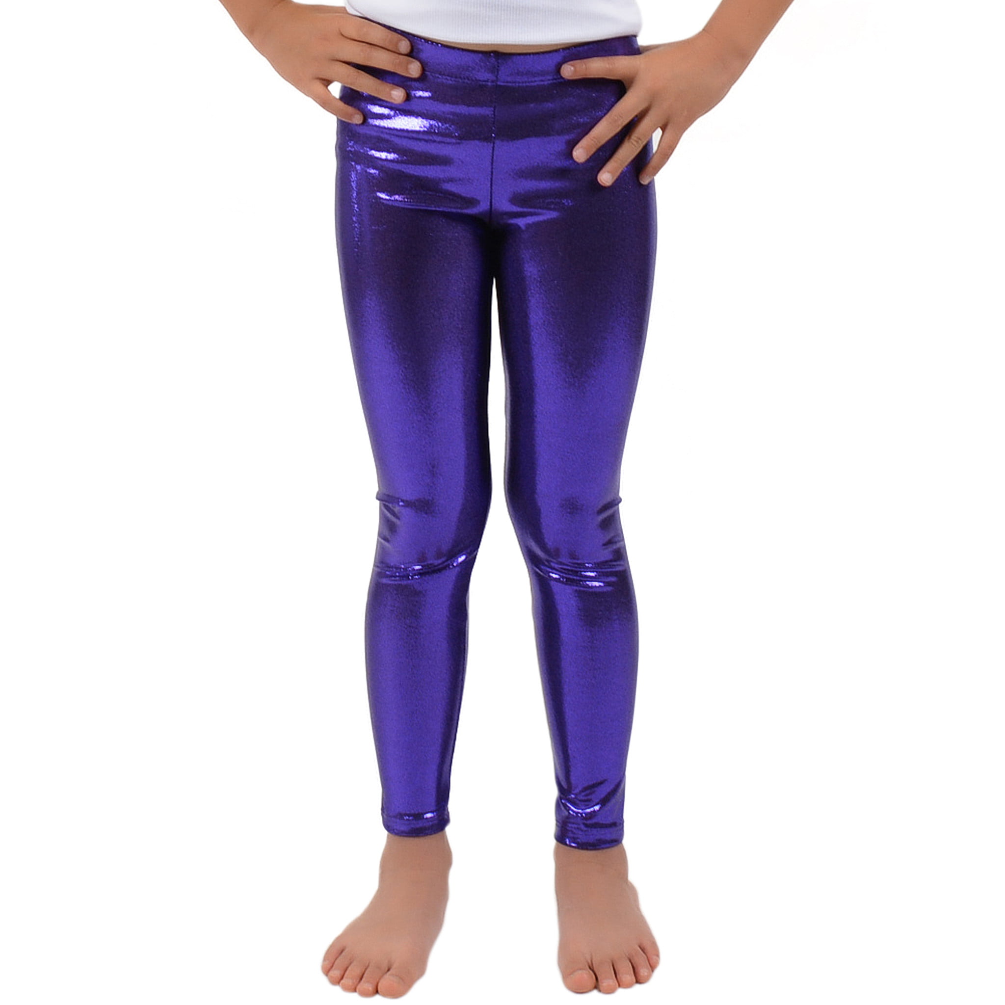 US Kids Girls Metallic Stretchy Leggings Shiny Pants Skinny Gym Dance Trousers 