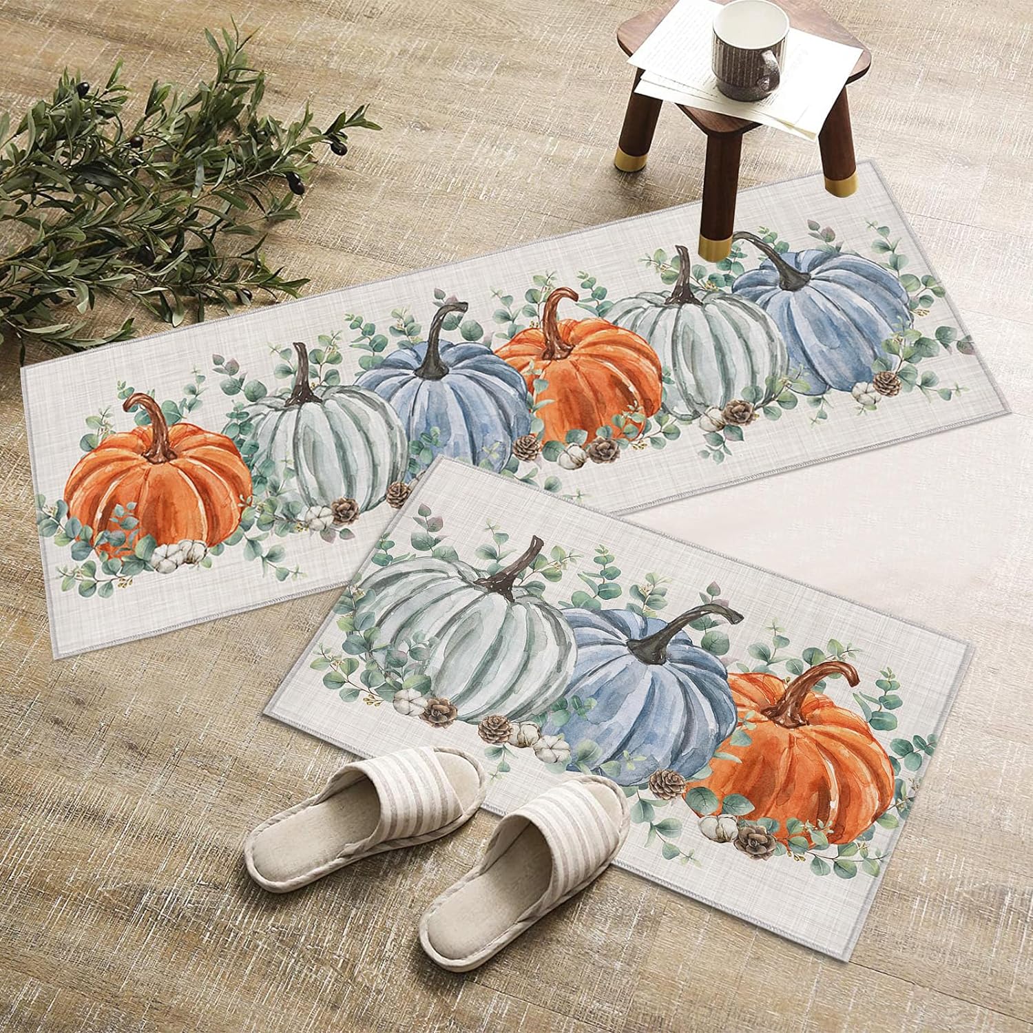 Fall Harvest Pumpkins Kitchen Rugs and Mats Non Skid Washable Floor Doormat, Thanksgiving Eucalyptus Leaf Branch 2 Piece Comfort Sink Standing Rug Area Runner Non-Slip Rubber Backing Mat Retro Linen