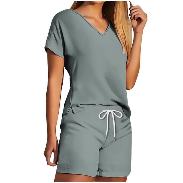 Mikilon Ensemble Élégant pour Femmes 2 Pcs Haut Col en V et Shorts Ensemble Mode et Confortable Manches Courtes Col en V Gris TP