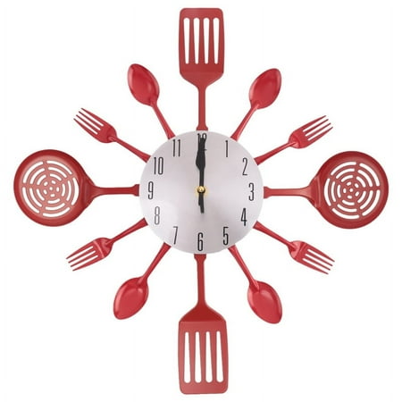 16 Inch Large Kitchen Wall Clocks with Spoons and Forks,3D Tableware Wall Clock Room Home Decoration(Red)