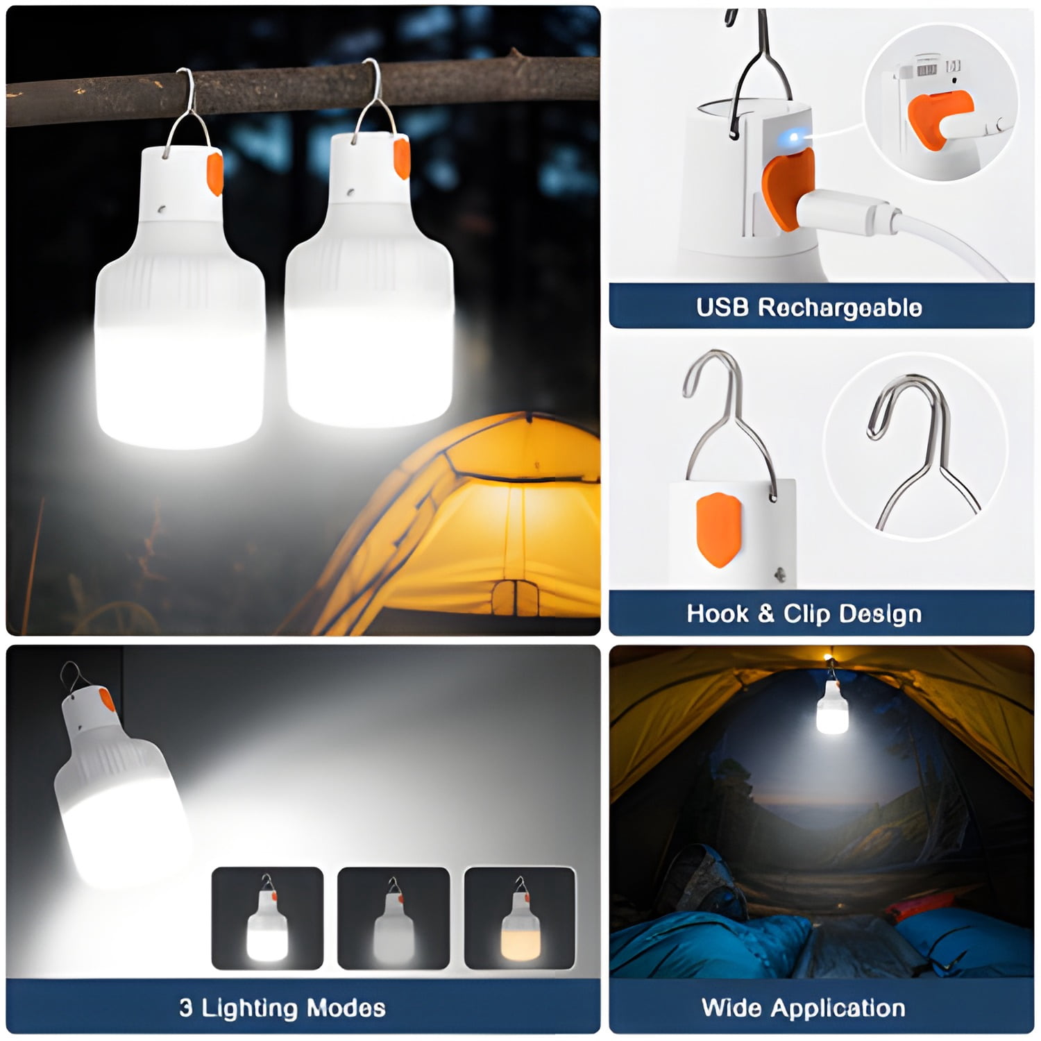 Camping Lantern, 2 Pack Rechargeable LED Tent Lamp Lights Bulb Portable Hanging 3 Lighting Modes 90W with Clip Hook for Camping, Hiking, Fishing, White
