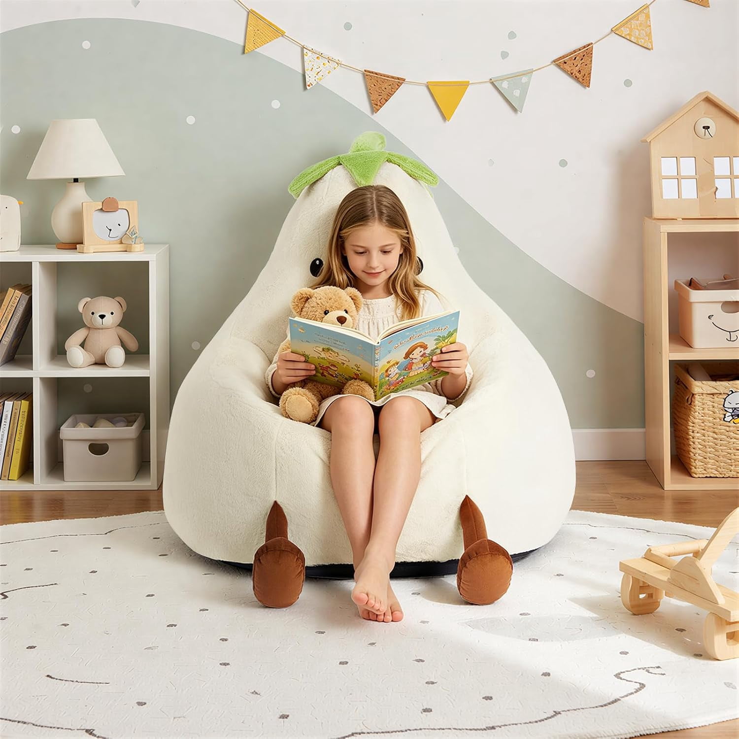Simple Deluxe 2 ft Kids Bean Bag Chair, Faux Rabbit Fur Round Sofa with Handle and Washable Cover, Beige
