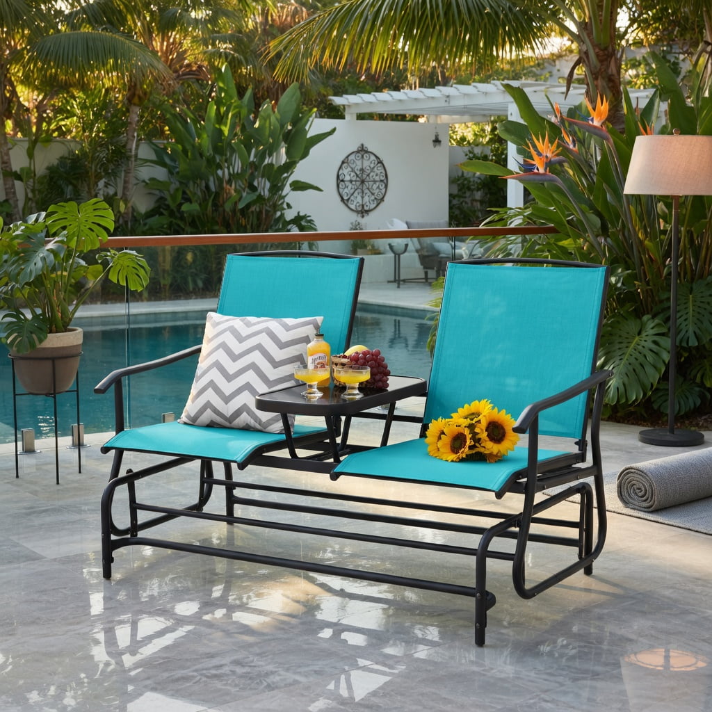 Hommoo 2-Person Outdoor Rocking Loveseat with Tempered Glass Center Table, Mesh Fabric, Steel Frame, Turquoise